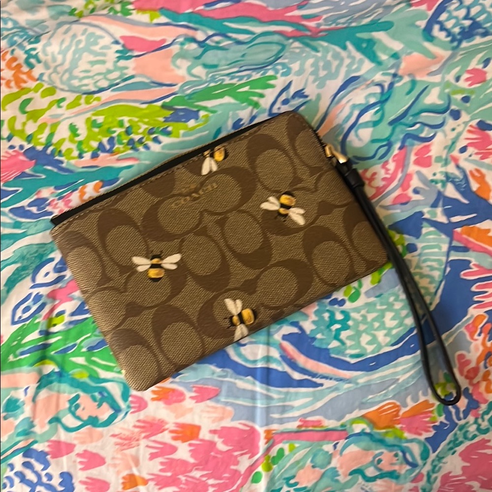 Coach Brown Wristlet with Bee Print